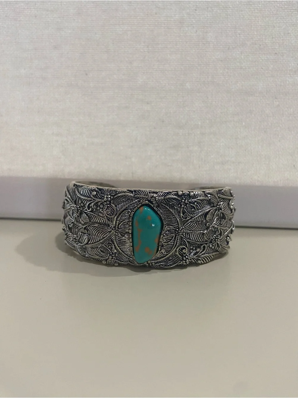 Faux Turquoise Stone Silver-Tone Filigree Cuff Bracelet